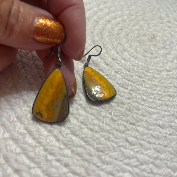 Rustic BUMBLE BEE JASPER Handmade Black Metal Dangle Earrings #745D - Picture 1 of 3